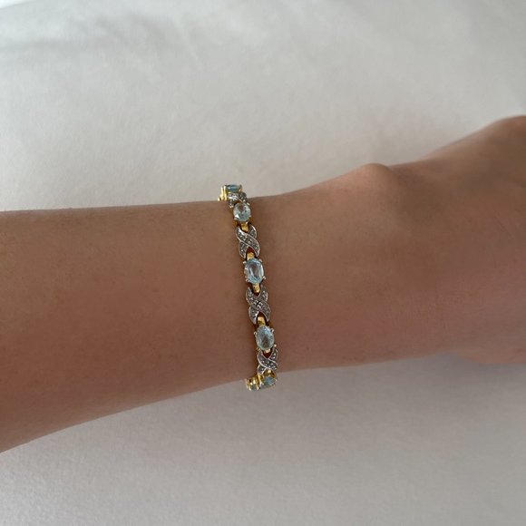 Vintage 925 Yellow Gold Vermeil Silver Tennis Bracelet Natural Blue Topaz Gemsto - Picture 7 of 12